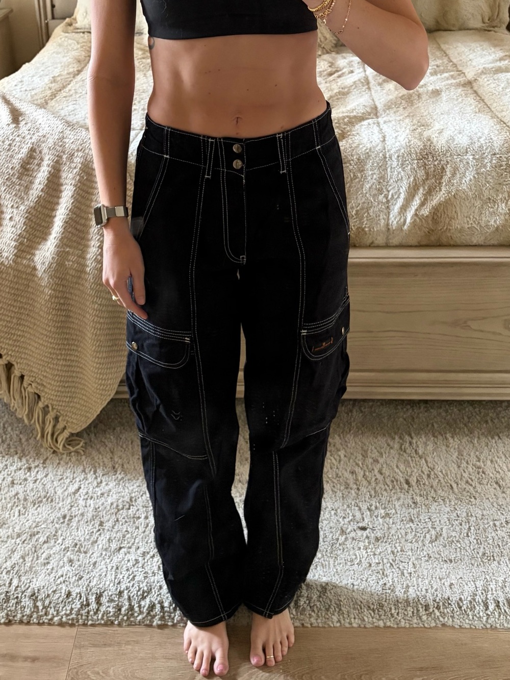 Urban Outfitters Black Contrast-Stitch Cargo Pants